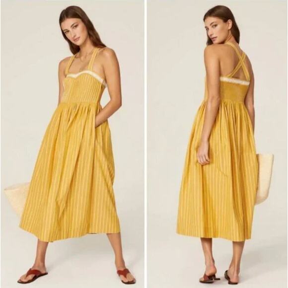 THE GREAT The Laurel Pinstripe Midi Dress Women's Size 2 US Size Medium Sunshine - Picture 1 of 10